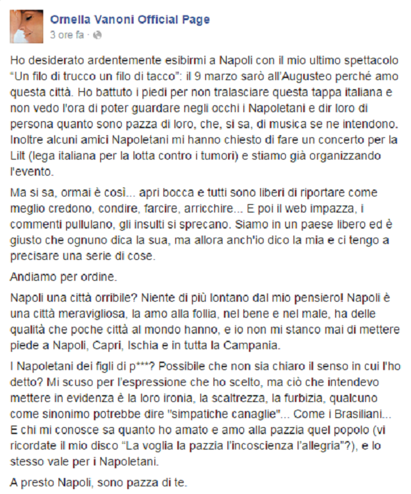 Ornella Vanoni: "Non volevo offendere i napoletani"