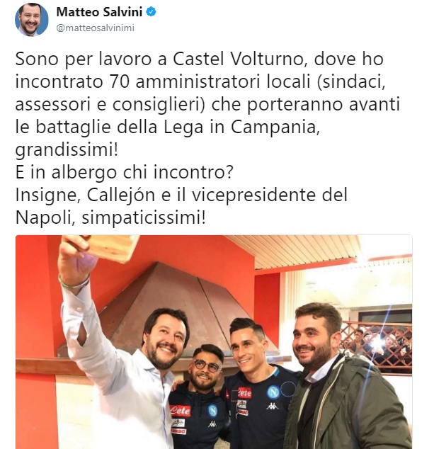 Polemiche in casa Napoli per la foto di Insigne con Salvini