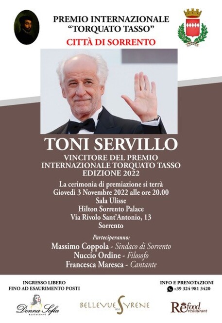 Sorrento, nasce il premio Torquato Tasso: prima edizione a Toni Servillo