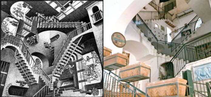 Relatività di Escher forse ispirata da un palazzo di Amalfi