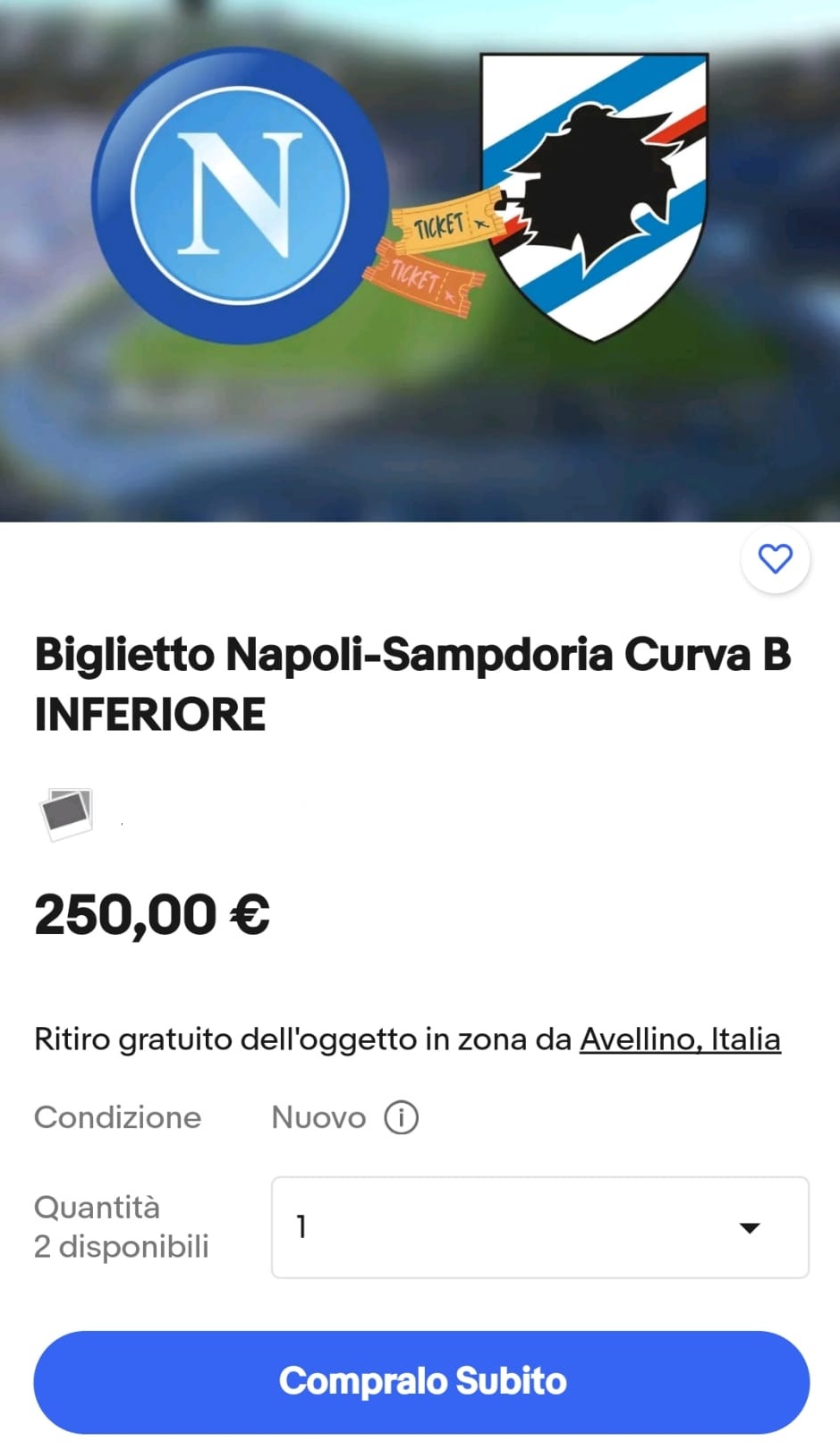 Napoli-Sampdoria, i biglietti da 5 euro venduti online a 250