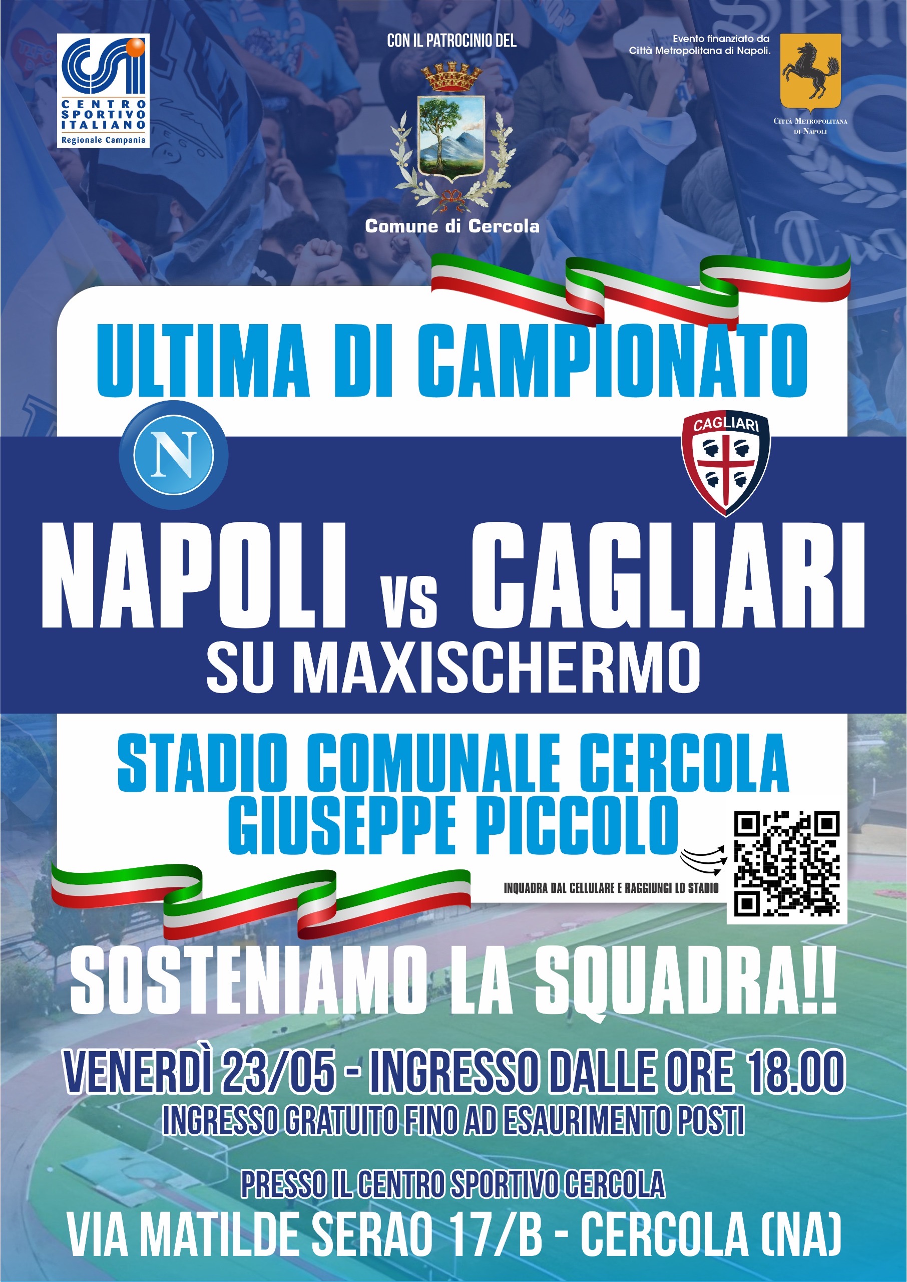 Cercola, maxischermo per Napoli-Cagliari allo Stadio Piccolo