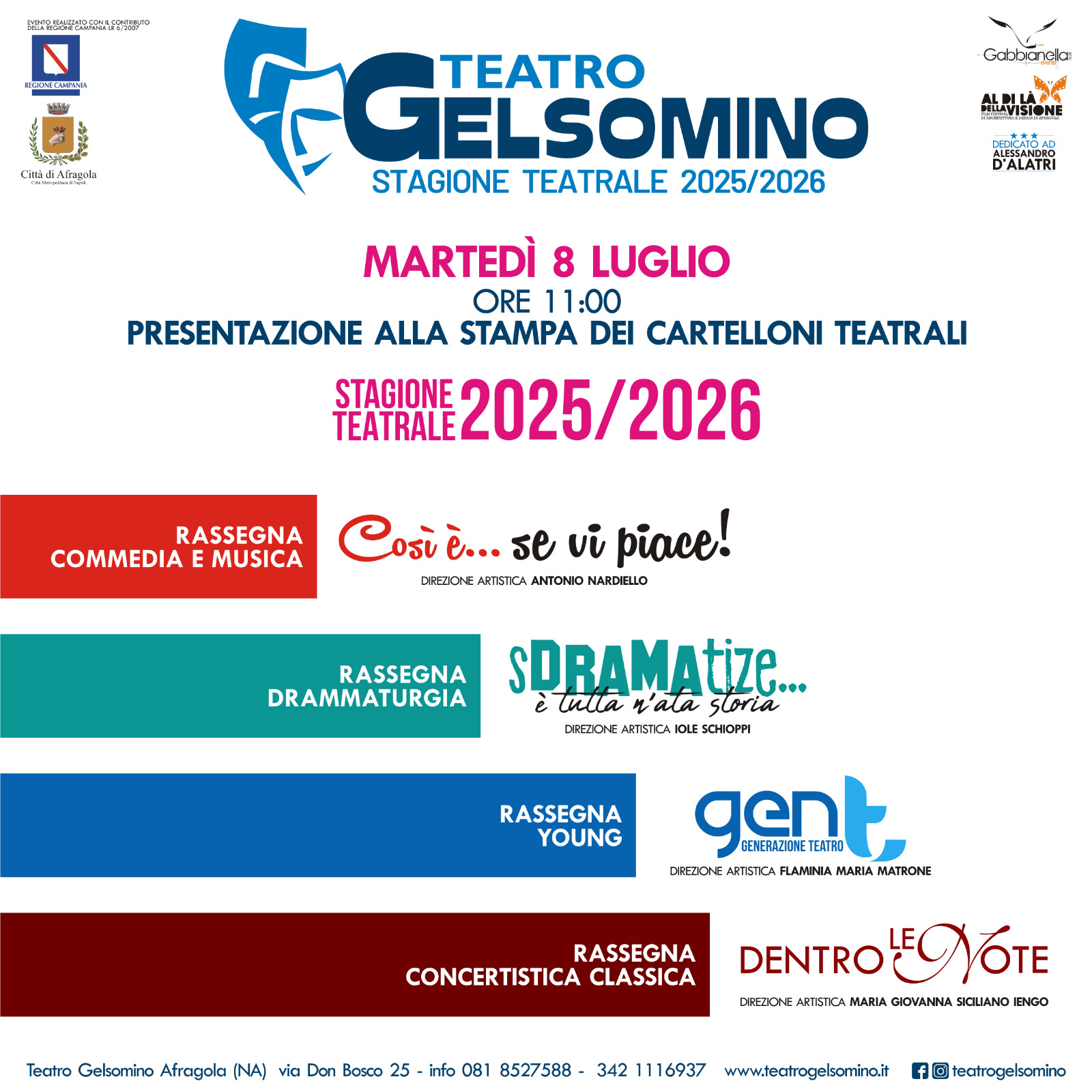 Afragola, 8 luglio presentazione cartelloni per la Stagione 2025/2026 del Teatro Gelsomino