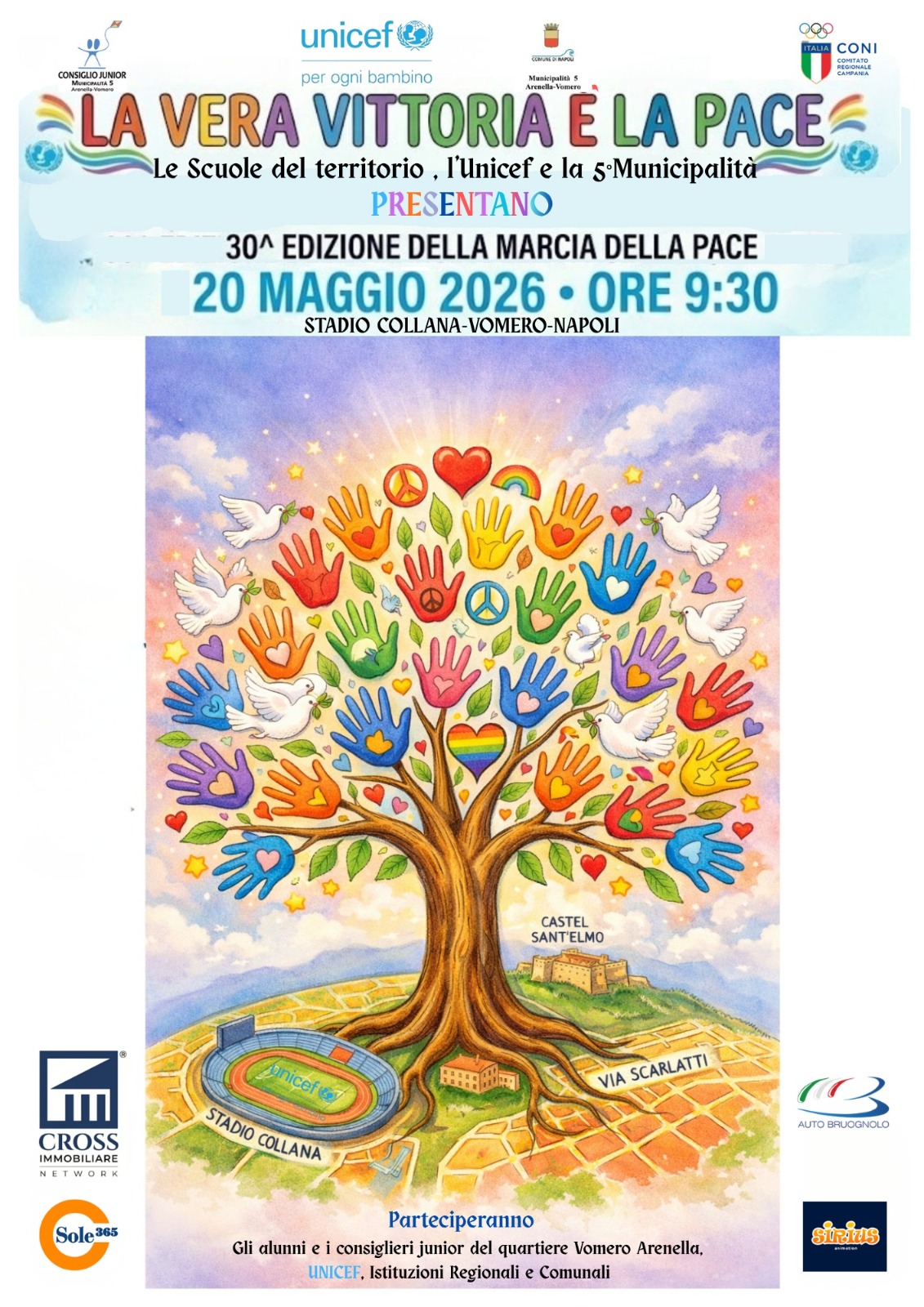 Marcia della Pace 2026 Napoli: 30ª edizione allo Stadio Collana il 20 maggio con 800 studenti e l'Unicef