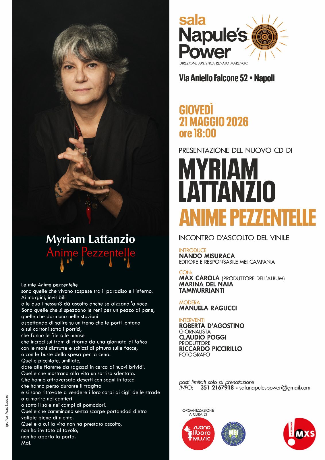 Myriam Lattanzio presenta “Anime Pezzentelle” alla Sala Napule’s Power di Napoli